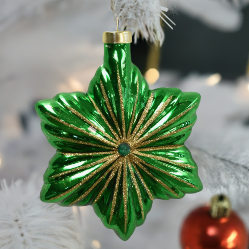 Christmas Cheer All Year Green and Gold Star Glass Ornament