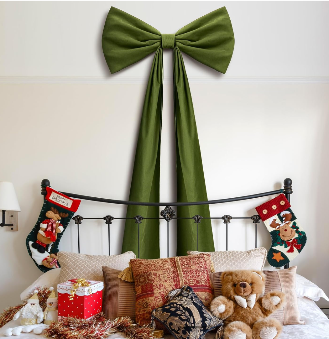 Christmas Cheer All Year Olive Green Velvet Bow Tree Topper