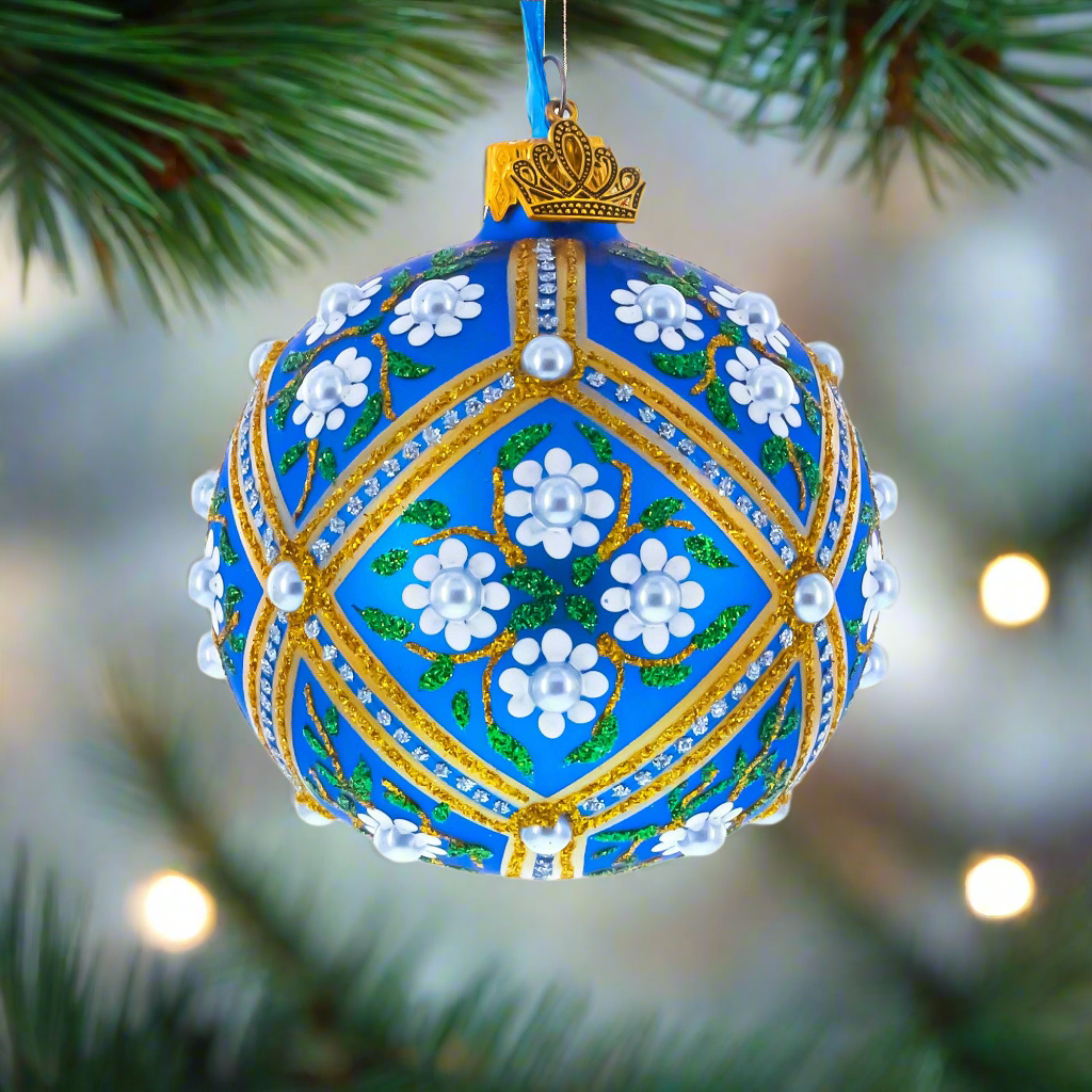 The Canton Christmas Shop Royal Blue Glass Christmas Ball Old World Ukraine Faberge Style Pearl Studded White Flowers Gold Edging Ornament