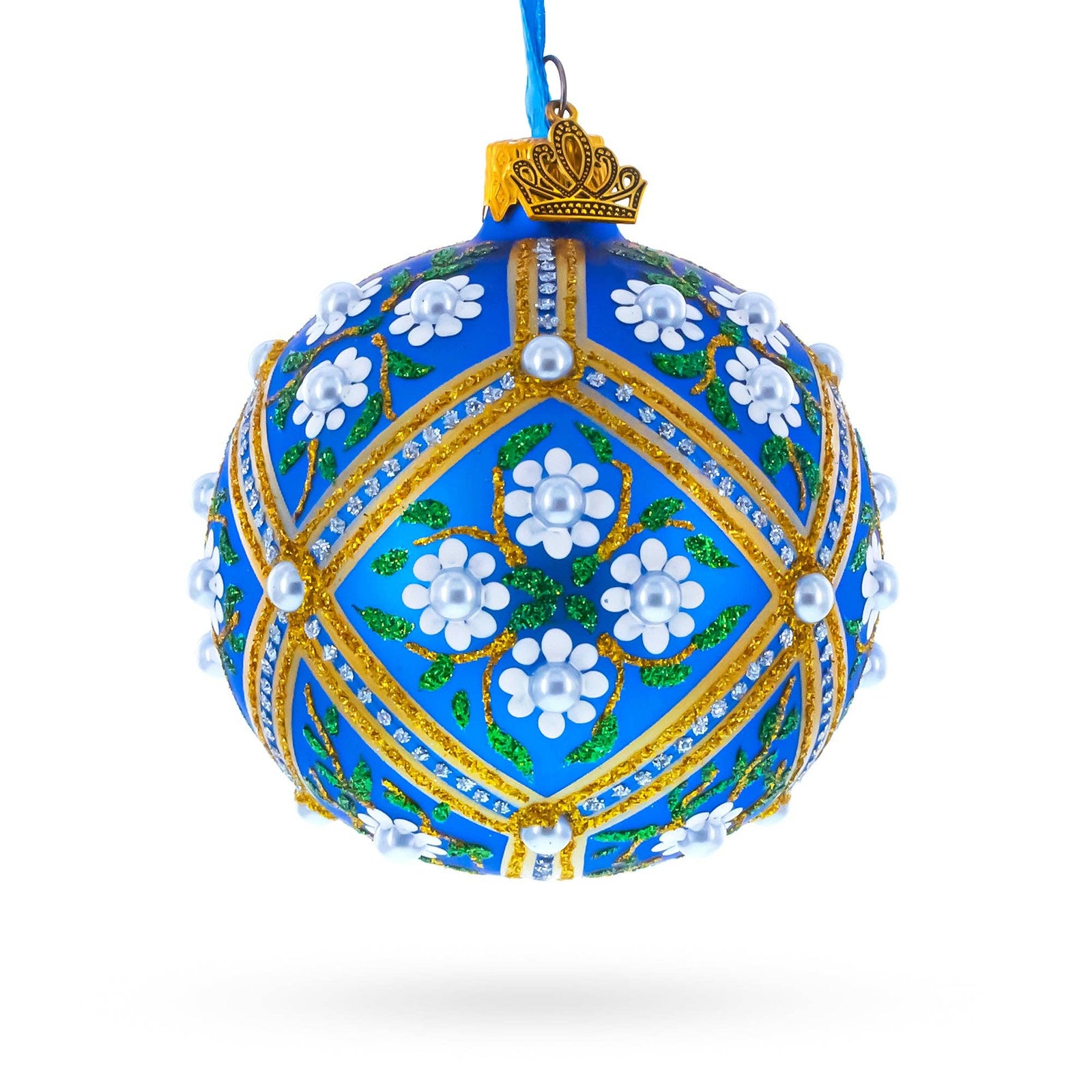 The Canton Christmas Shop Royal Blue Glass Christmas Ball Old World Ukraine Faberge Style Pearl Studded White Flowers Gold Edging Ornament