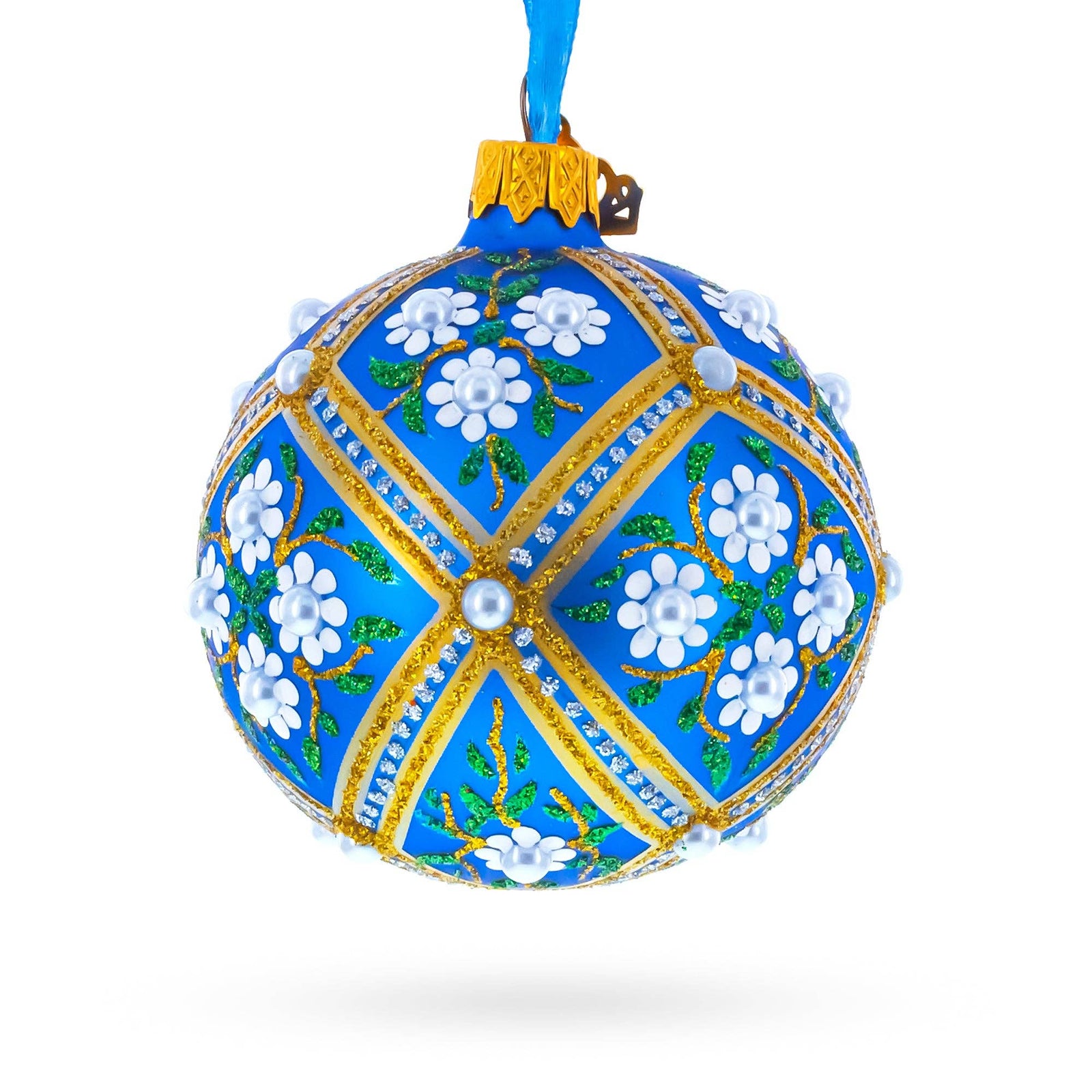 The Canton Christmas Shop Royal Blue Glass Christmas Ball Old World Ukraine Faberge Style Pearl Studded White Flowers Gold Edging Ornament