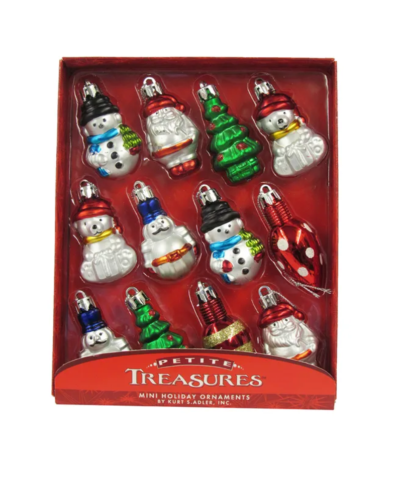 Christmas Cheer All Year Kurt Adler Petite Treasures Collection Miniature Shatterproof Hanging Christmas Ornaments, 12-Piece Set in Box, 2 Inch