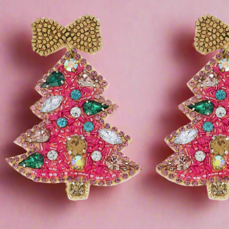 Christmas Cheer All year Pink Jeweled Beaded Christmas Tree Earrings with Gold Bow