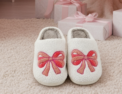 Christmas Cheer All Year Pink Bow Sherpa Slippers