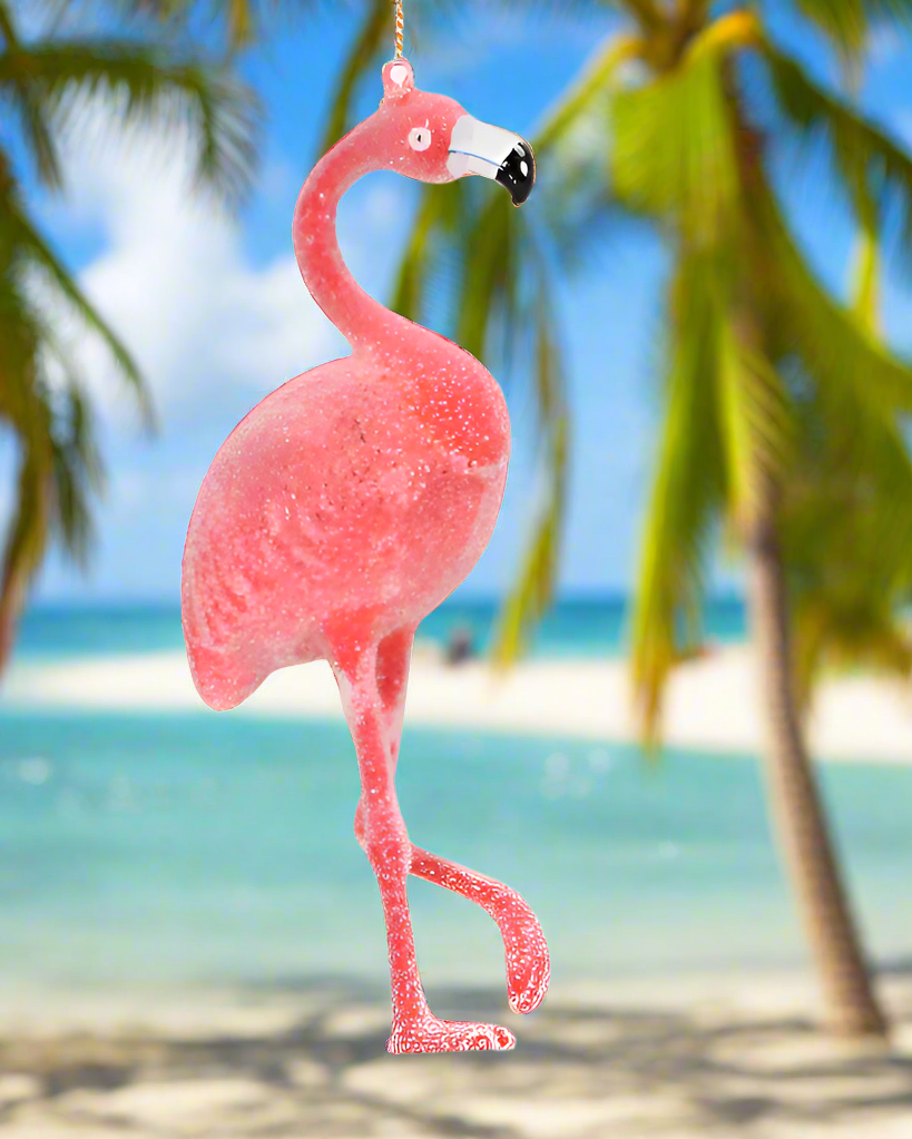 The Canton Christmas Shop Pink Flamingo Frosted Glass Ornament in gift box