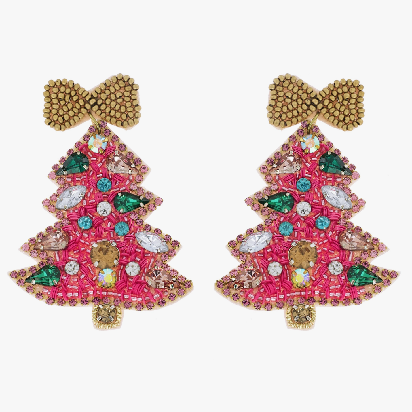 Christmas Cheer All year Pink Jeweled Beaded Christmas Tree Earrings with Gold Bowfun