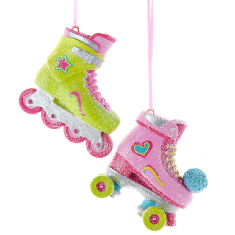 The Canton Christmas Shop Pink and Yellow In-line and roller skate glittered resin ornaments by Kurt Adler