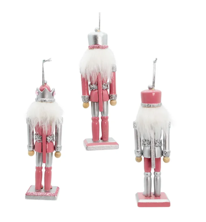 The Canton Christmas Shop 6" Pink and Pewter Nutcracker Ornaments Assorted on white background back view
