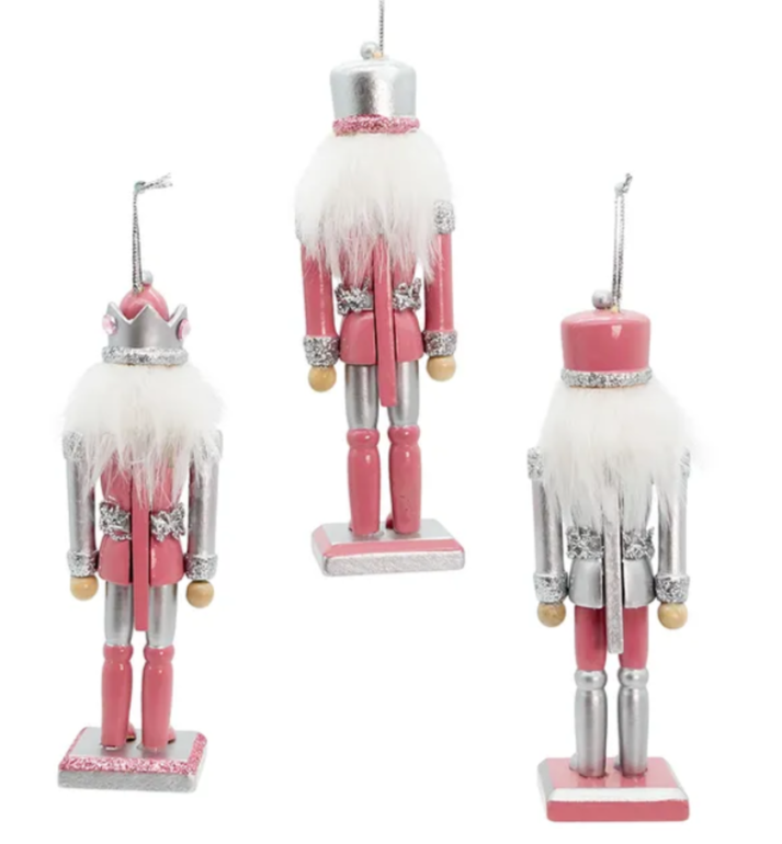 Christmas Cheer All Year 6" Pink and Pewter Nutcracker Ornaments Assorted on white background back view