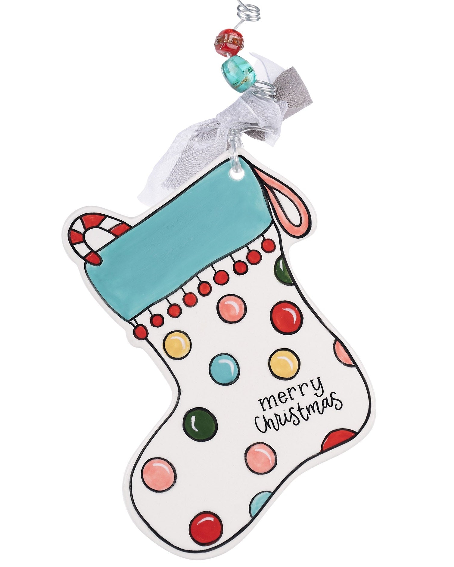 Christmas Cheer All Year Colorful Stocking Flat Ornament by Glory Haus Personalize Polkadot Stocking with Ribbon Beads and Candy Cane