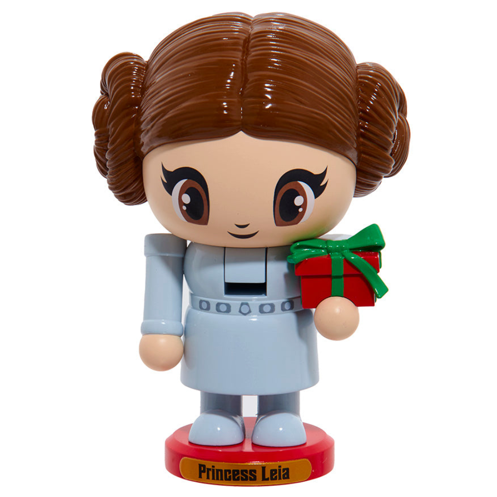 Christmas Cheer All Year Figurine of Princess Leia holding a gift box on a white background