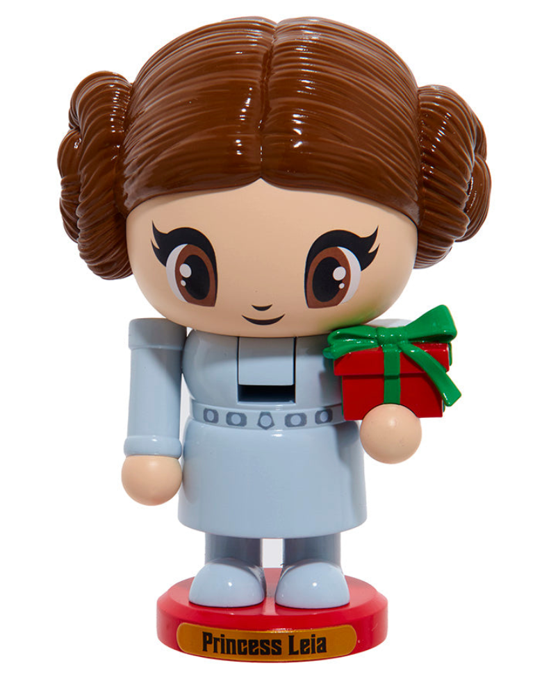 Christmas Cheer All Year Figurine of Princess Leia holding a gift box on a white background