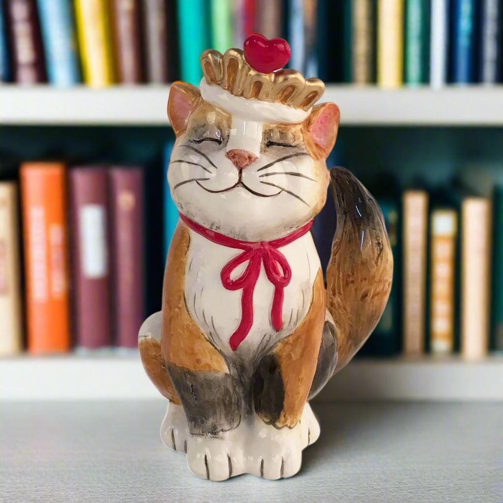 Christmas Cheer All Year Princess Cat figurine with gold crown and heart