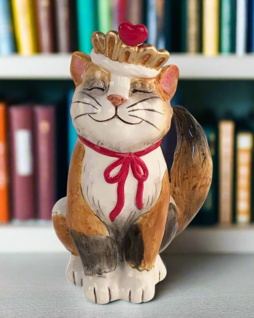 Christmas Cheer All Year Princess Cat figurine with gold crown and heart