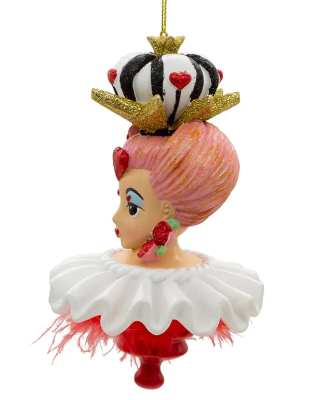 Decorative Queen of Hearts Holly Hat ornament resembling a character with pink hair, red heart, and crown on a white background Christmas Cheer All Year