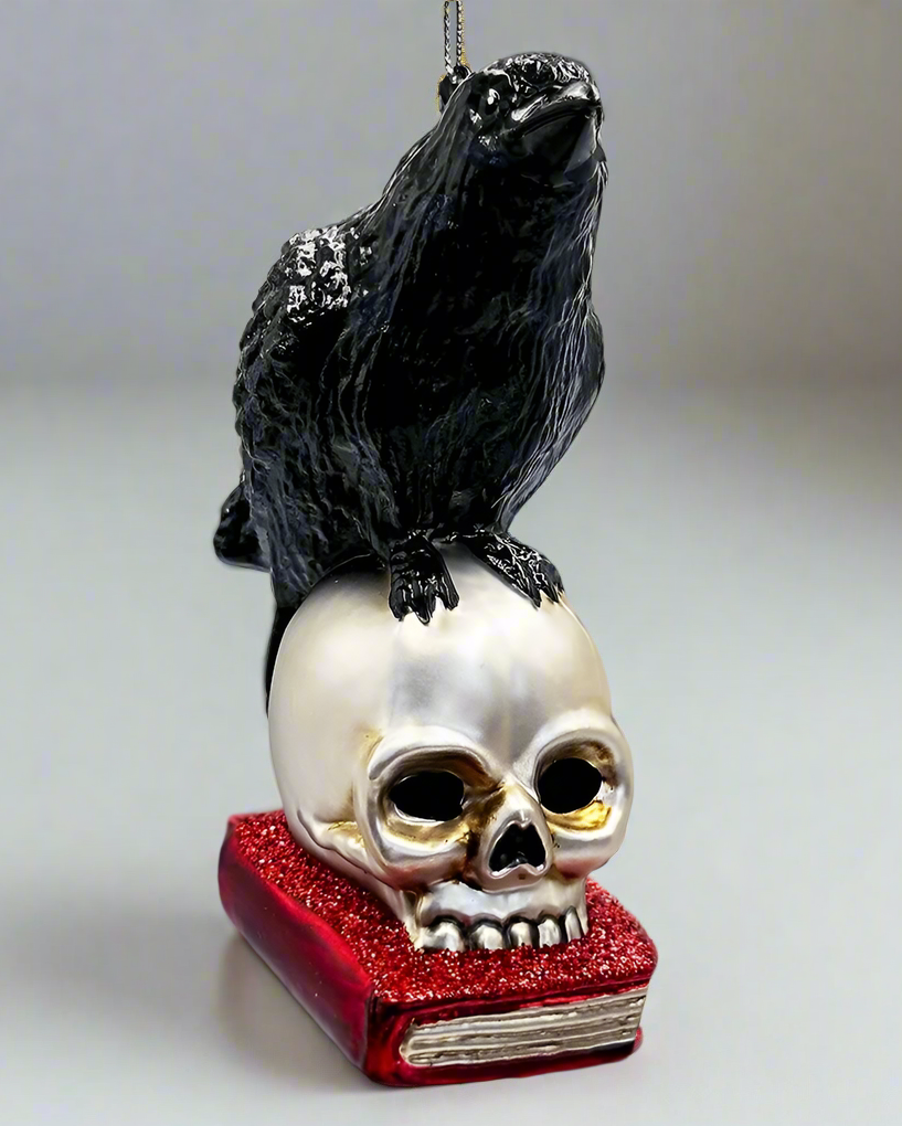 Christmas Cheer All Year Black Raven Perched on Skull on Glittered Book Ornament Edgar Allen Poe Halloween Book of spells