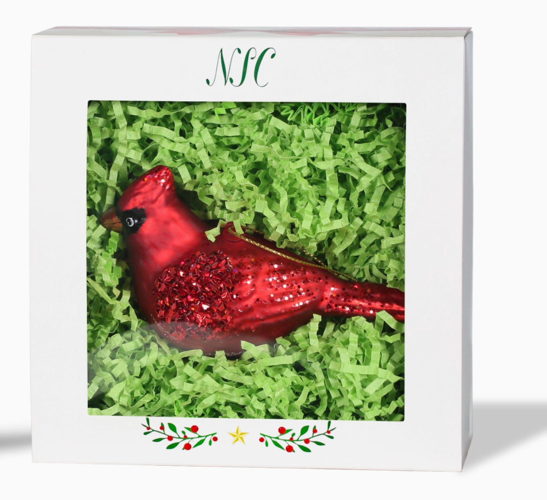 The Canton Christmas Shop Red Cardinal Ornament in Box on white background