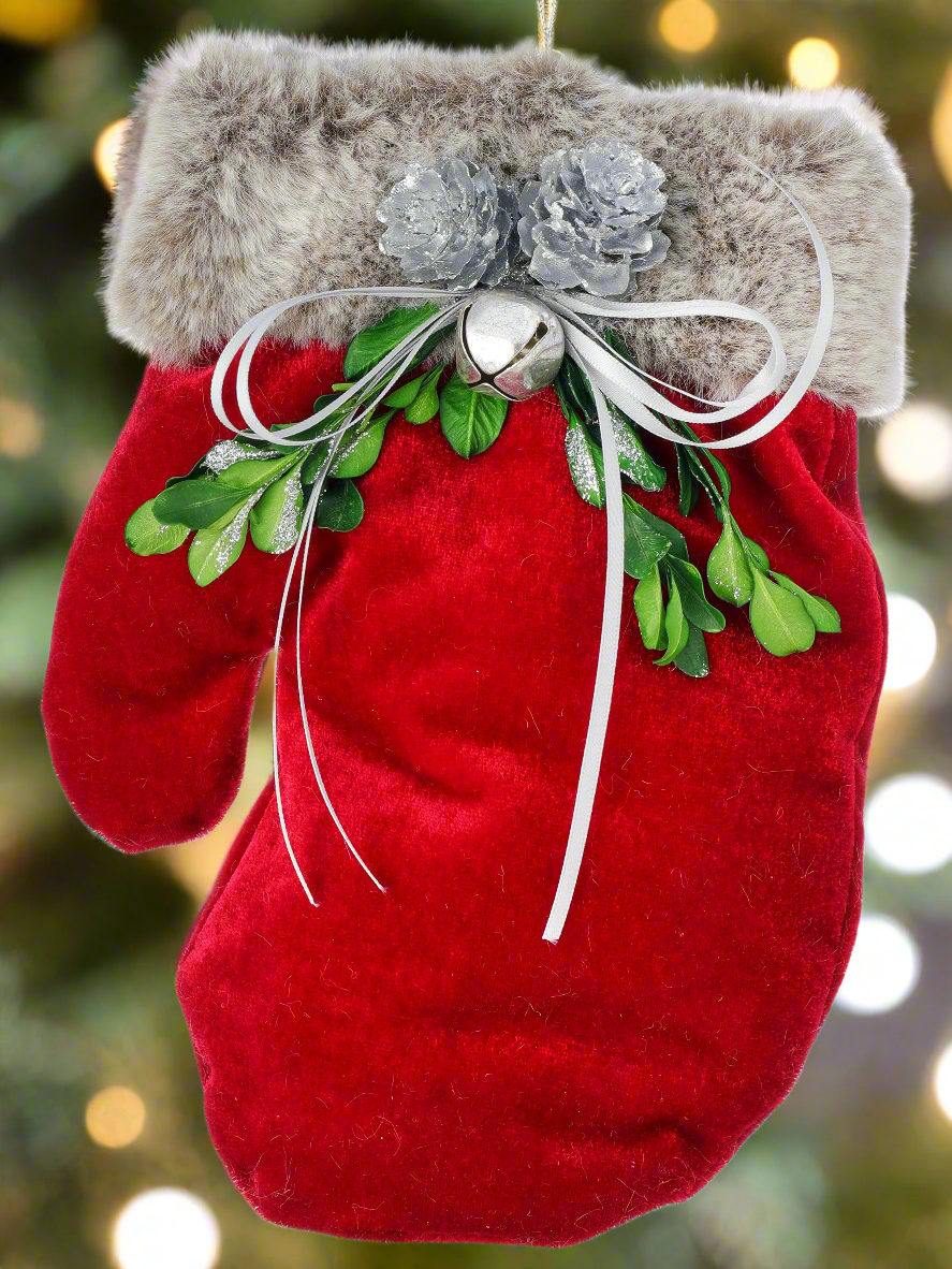 The Canton Christmas Shop Red Velvet Oversized Fur Mitten Ornament and Decor with Bow Bell Branches and Pinecones