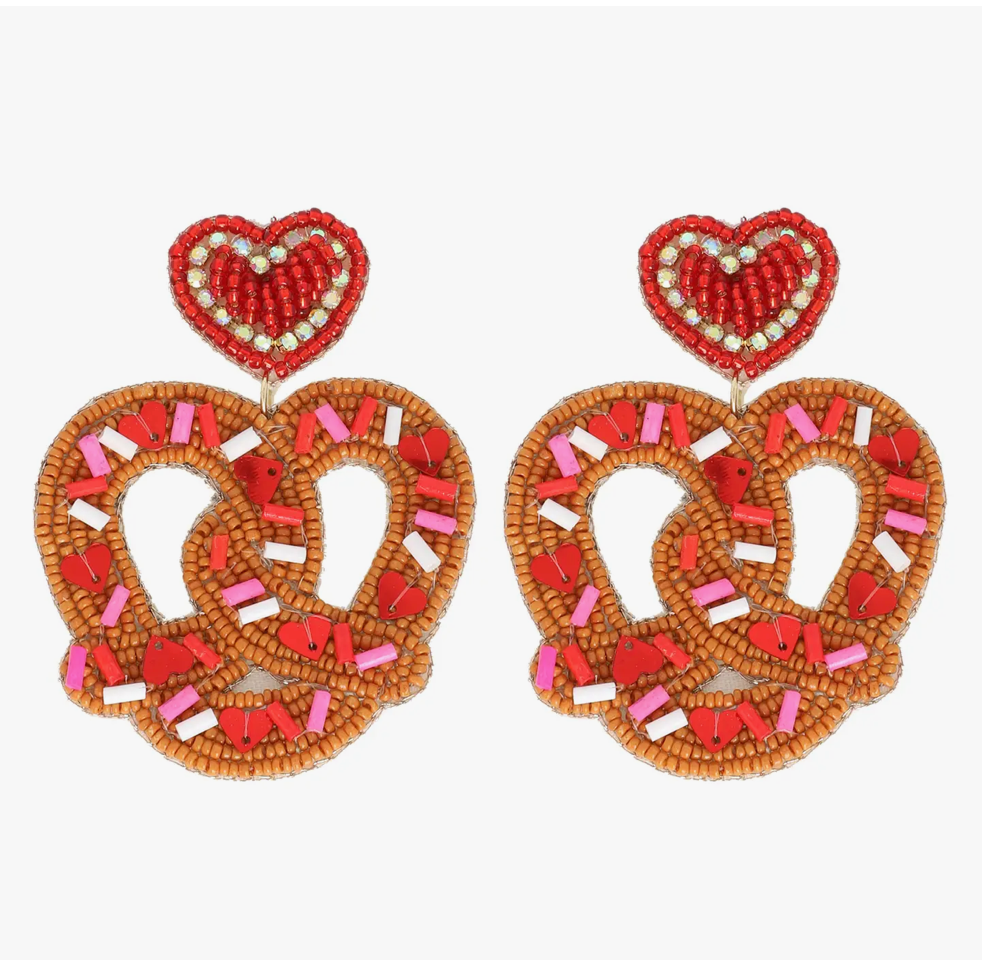 Christmas Cheer All Year Red and Pink Pretzel Heart Beaded Earrings Valentines Day