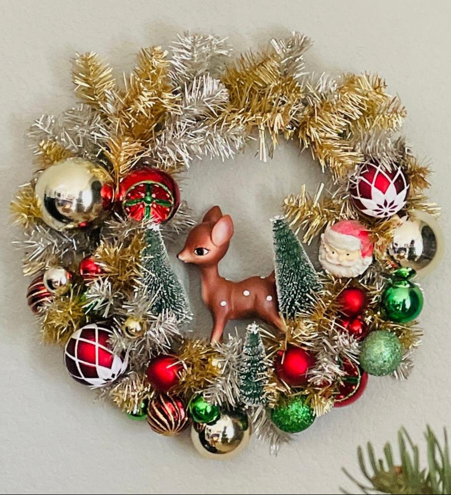 Christmas Cheer All Year retro tinsel wreath by park hill collection with santa and Rudolph