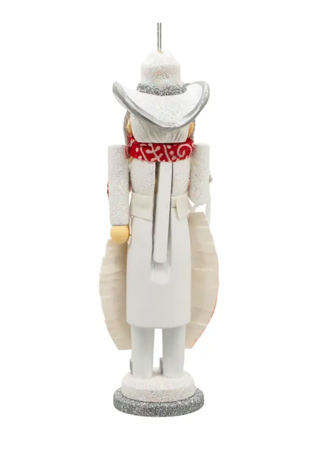 The Canton Christmas Shop 6" Hollywood Nutcrackers Cowgirl Nutcracker Ornament Texas by Kurt Adler rear view showing hinge