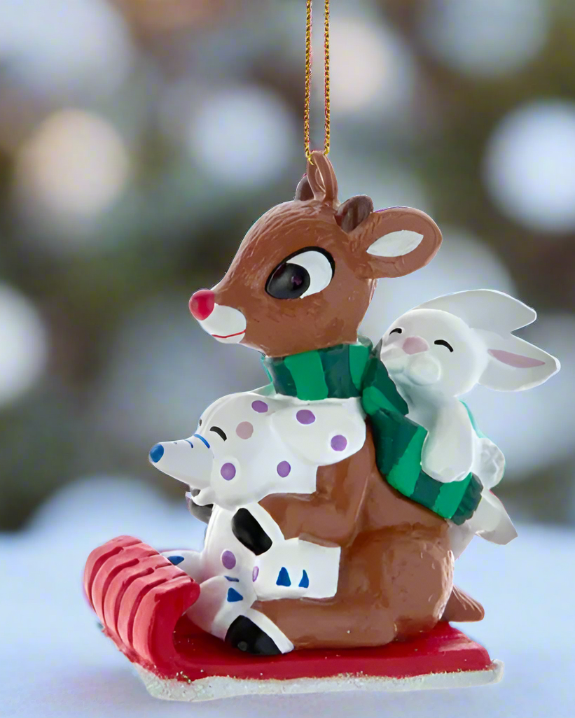 Christmas Cheer All Year Rudolph on sled with misfit toys ornament by Kurt Adler