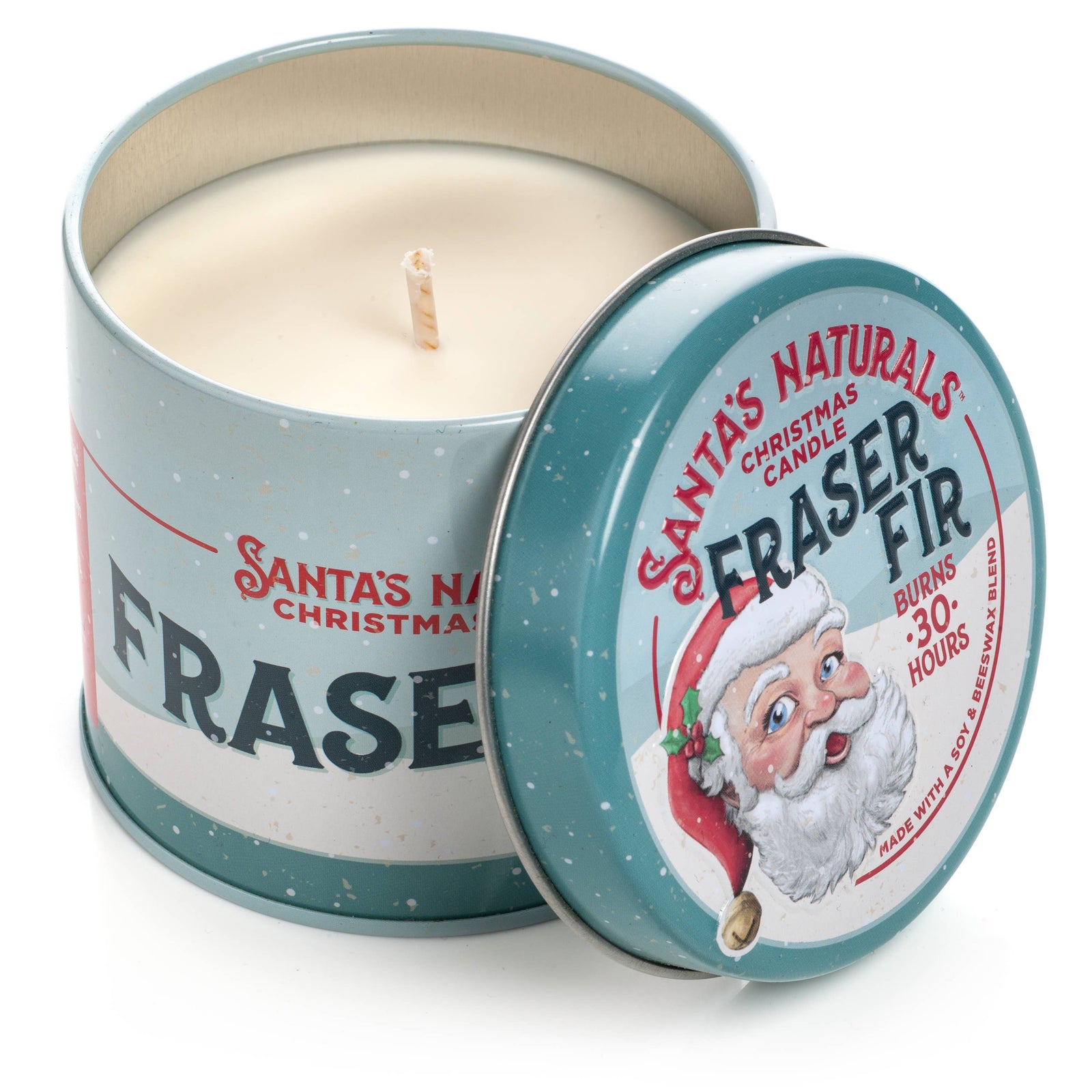 Christmas Cheer All Year Candle in a tin labeled 'Santa's Naturals Fraser Fir' with a festive design.