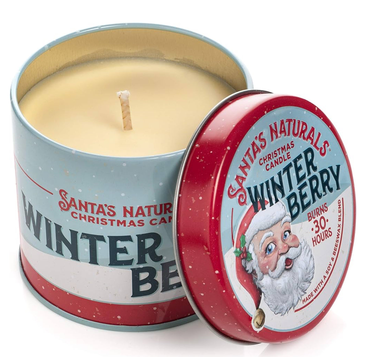 Christmas Cheer All Year 9 oz. Santa's Naturals Winter Berry Christmas Candle in retro tin with a vintage Santa Claus design.