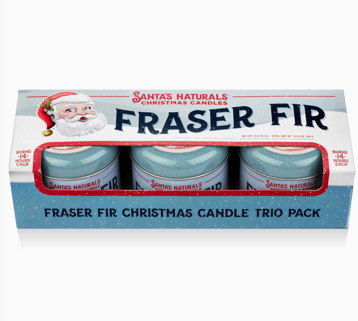 Christmas Cheer All Year Santa's Naturals Fraser Fir Christmas Candle Trio Pack in box, featuring three candles visible through a clear window, with a vintage Santa on the box