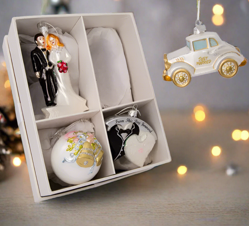 The Canton Christmas Shop Noble Gems Wedding Box Glass Ornaments glittered Gift Set angled view by Kurt Adler