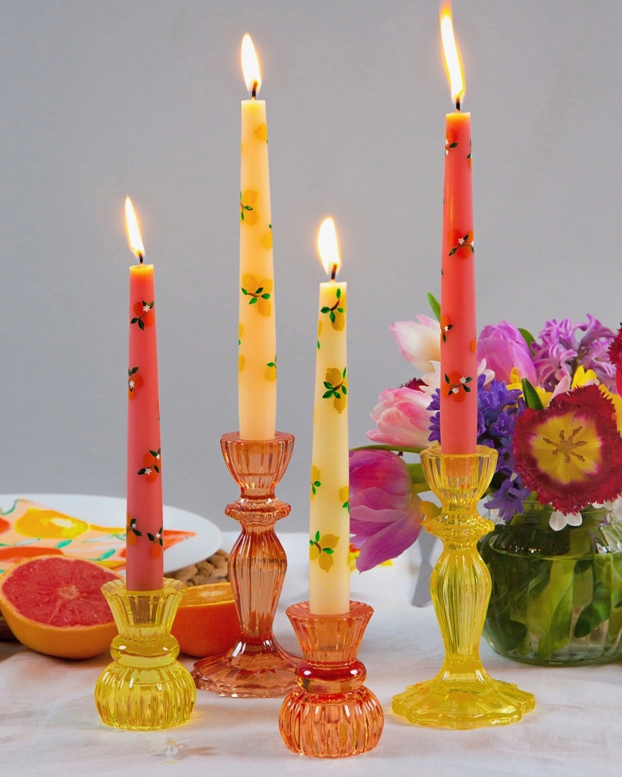The Canton Christmas Shop Short Orange Glass Candle Holder for Dinner Candles Tapers Floral Bouquet Tea Light Christmas Holiday Wedding