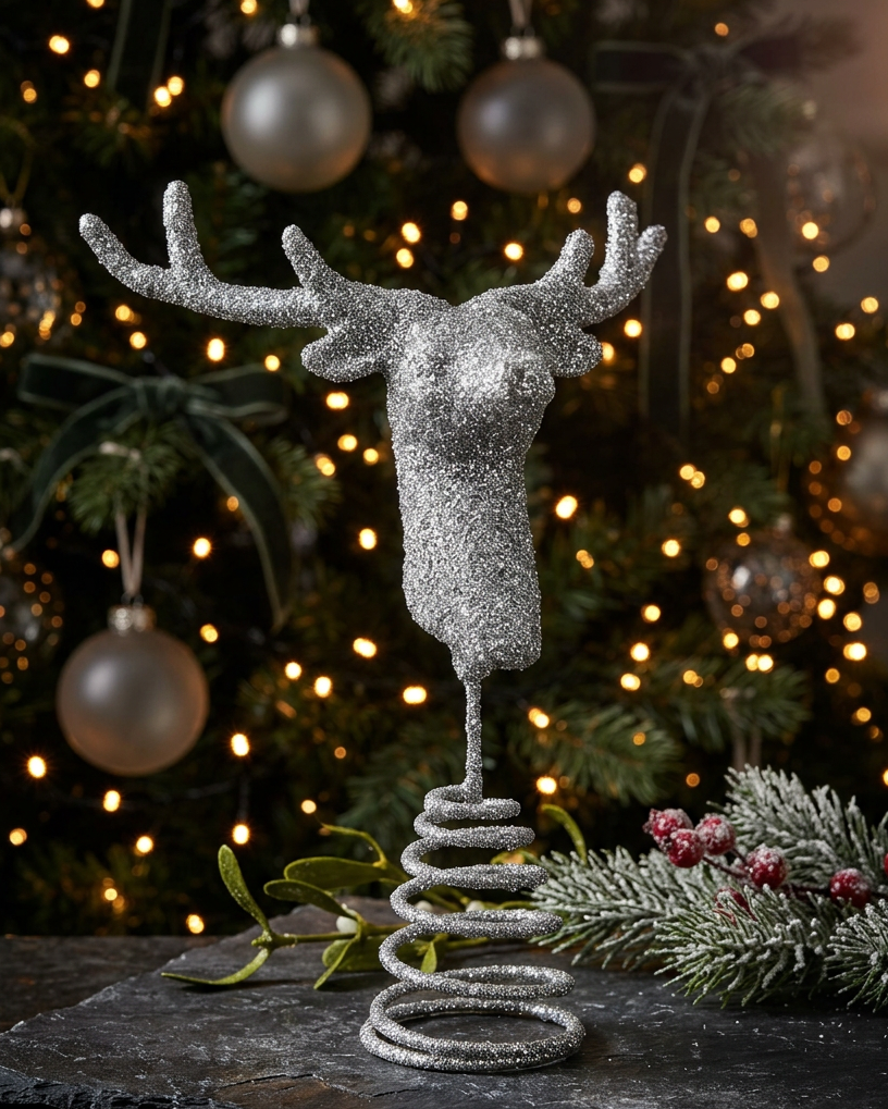 Christmas Cheer All Year Silver Glittered Stag Head Tree Topper