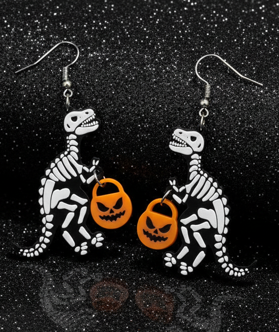 Christmas Cheer All Year Skeleton Dinosaur with Trick Or Treat Bucket Earrings