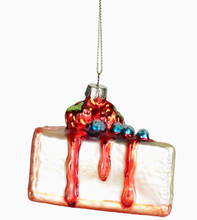 Christmas Cheer All Year Slice of Cheesecake with Strawberries and Glitter Blueberries Dessert Foodie Glass Ornament in Box