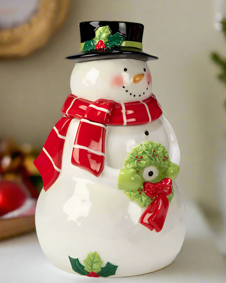 Christmas Cheer All Year Snowman with Scarf Ceramic Cookie Jar with wreath and top hat holly