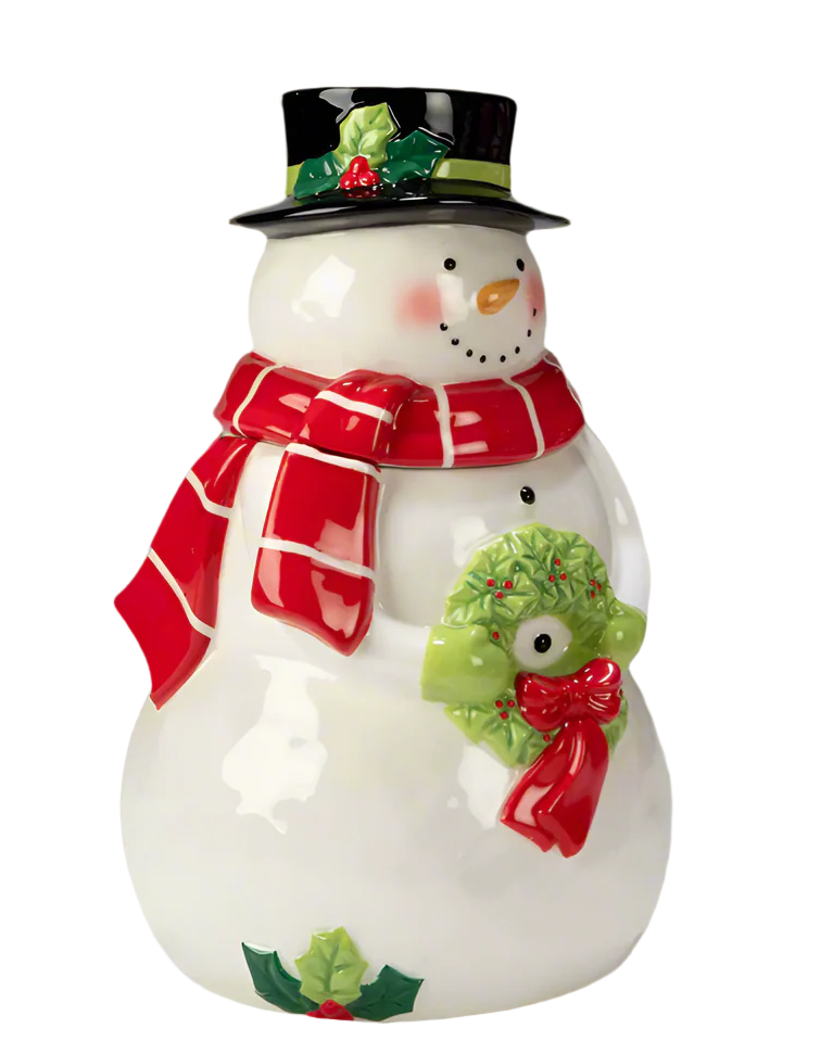 Christmas Cheer All Year Snowman with Scarf Ceramic Cookie Jar with wreath and top hat holly