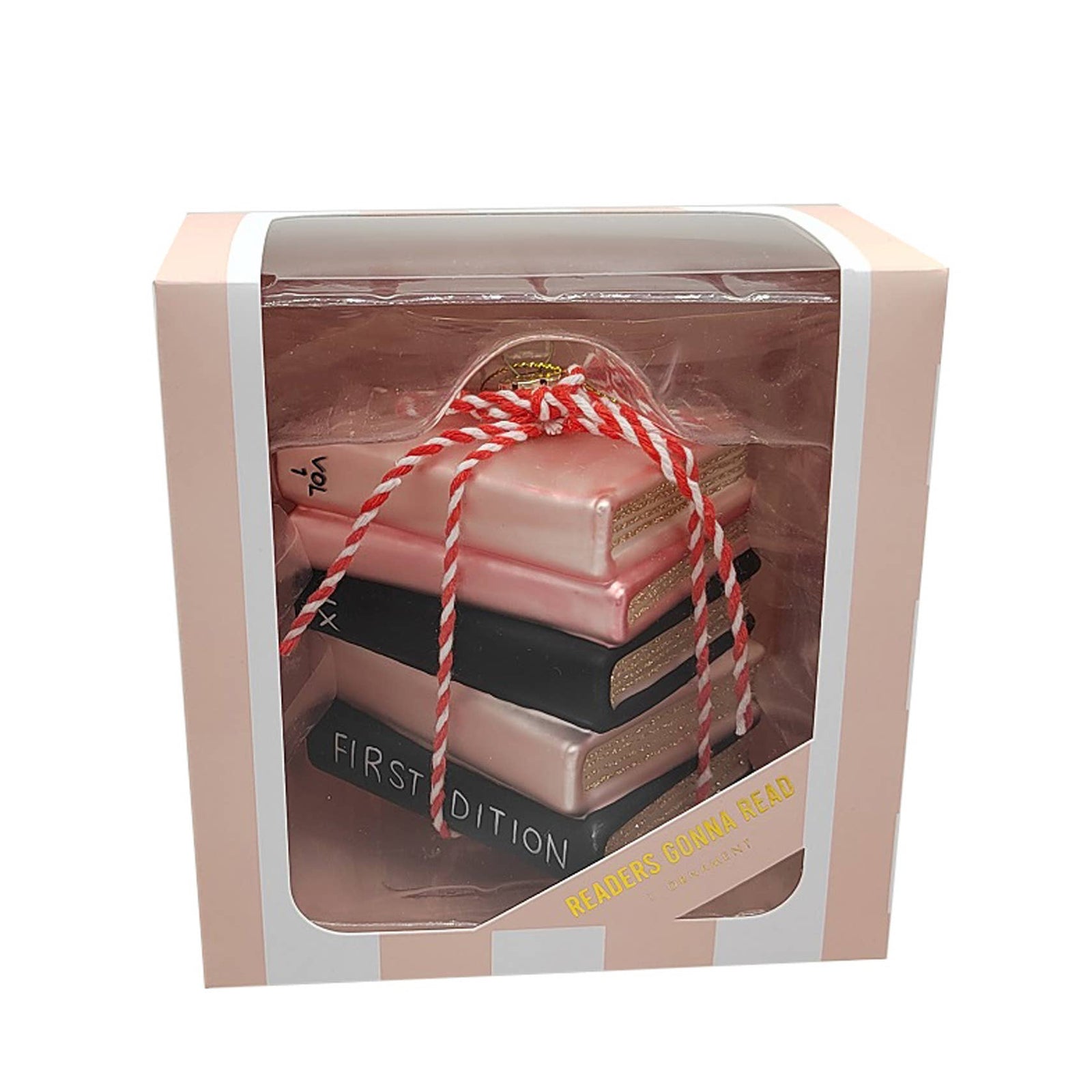 Christmas Cheer All Year Stack of decorative books ornament tied with red and white string on a white background