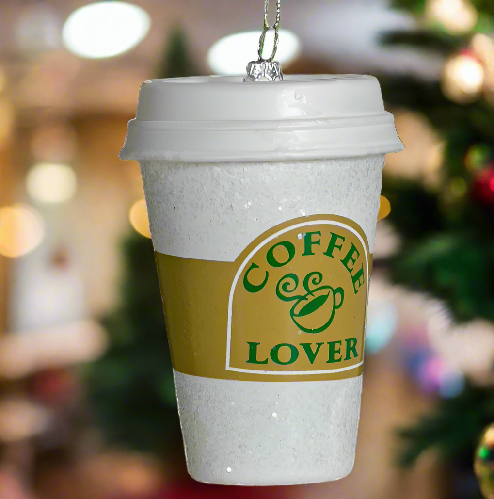 The Canton Christmas Shop Travel Coffee Cup Glittered Glass Ornament in oversized gift box for coffee lover