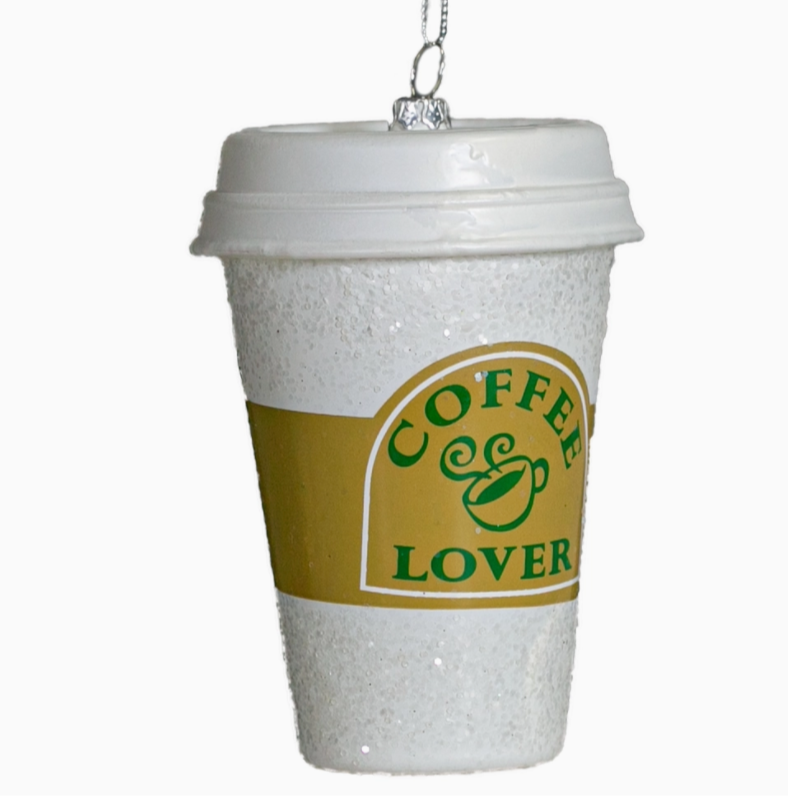 The Canton Christmas Shop Travel Coffee Cup Glittered Glass Ornament in oversized gift box for coffee lover