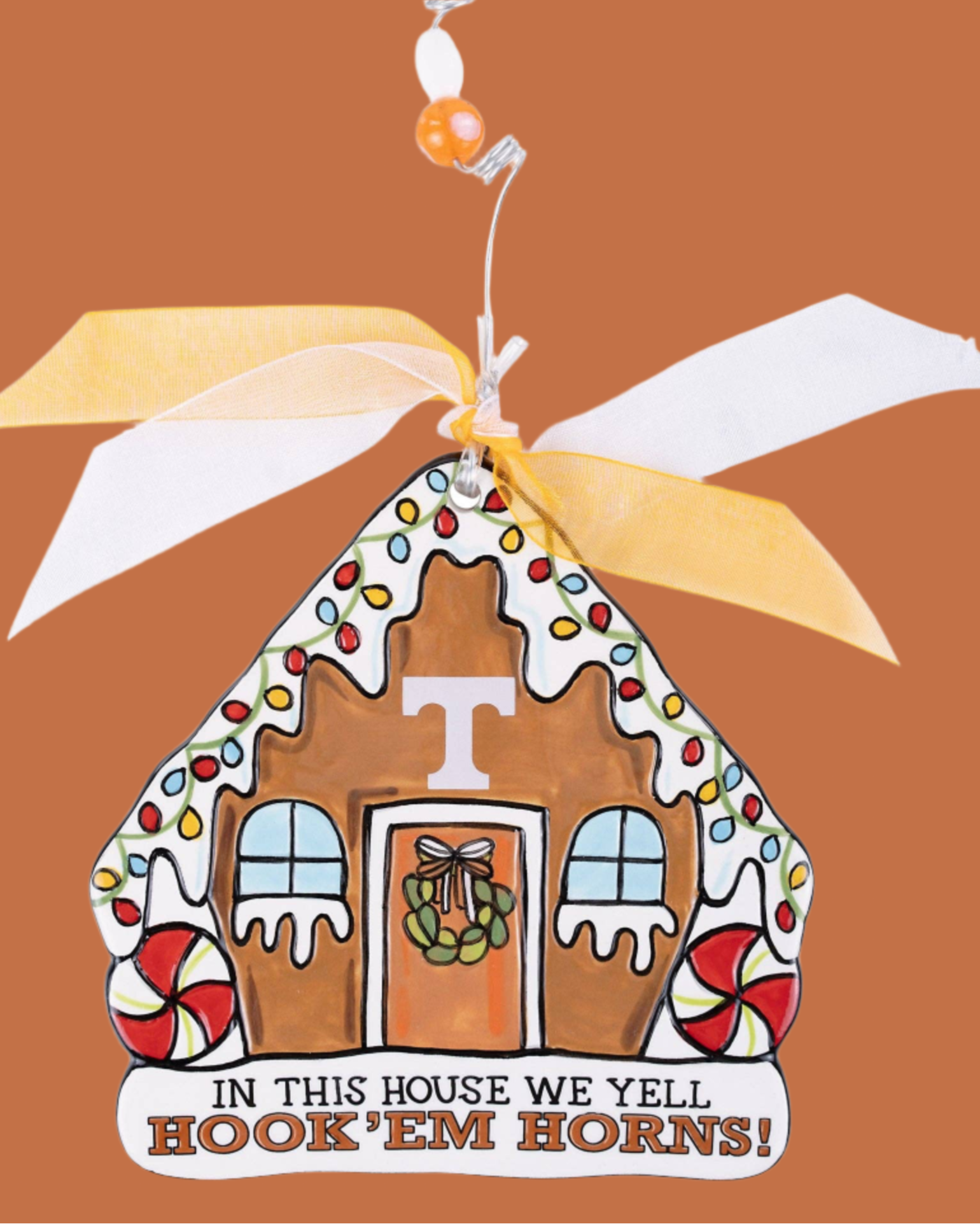 Christmas Cheer All Year University of Texas licensed Christmas Ornament In This House We Yell Hook 'Em Horns Flat Ornament by Glory Haus