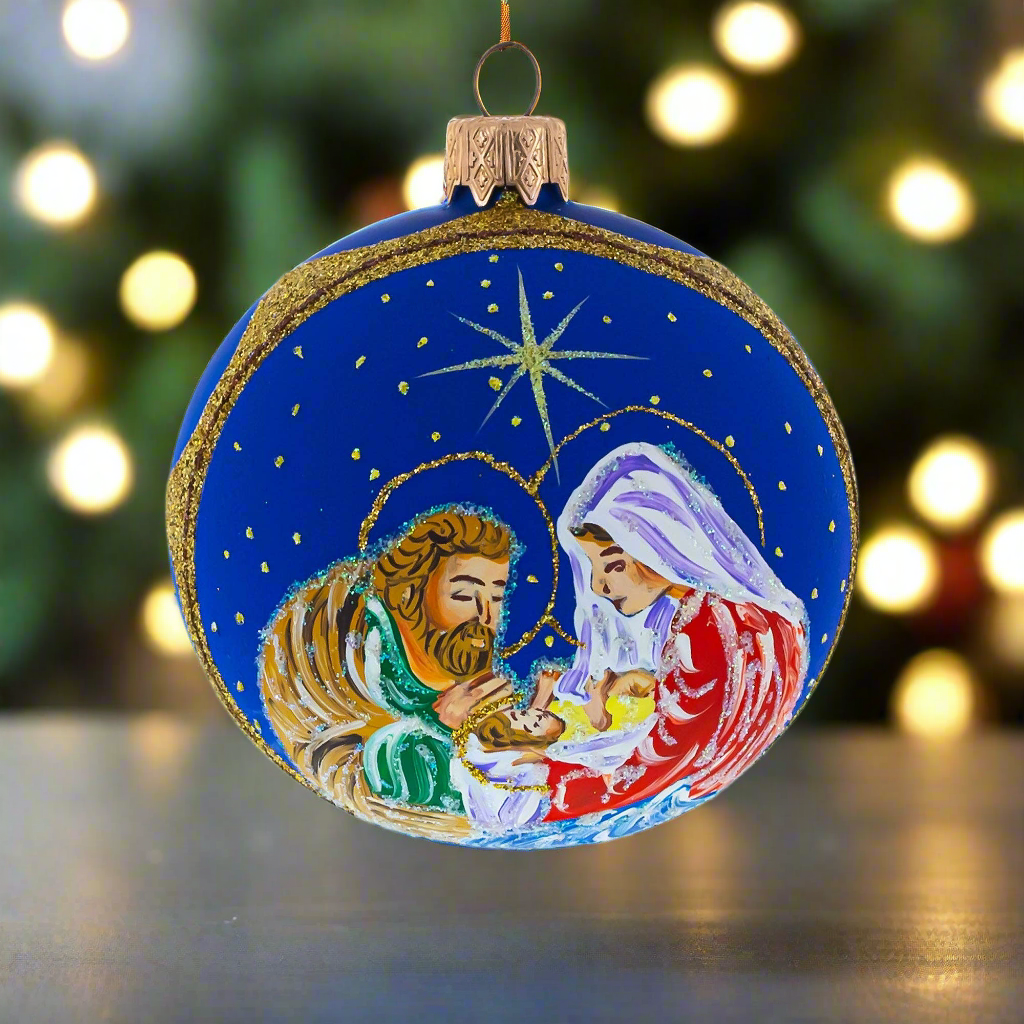 The Canton Christmas Shop Welcoming the Christ Child Glass Ball Ornament handpainted old world Ukraine Joseph Mary baby Jesus Nativity Glittered