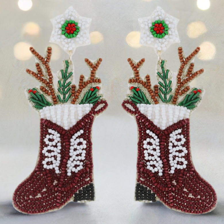 Christmas Cheer All Year Western Cowboy Christmas Boot Dangle Earrings