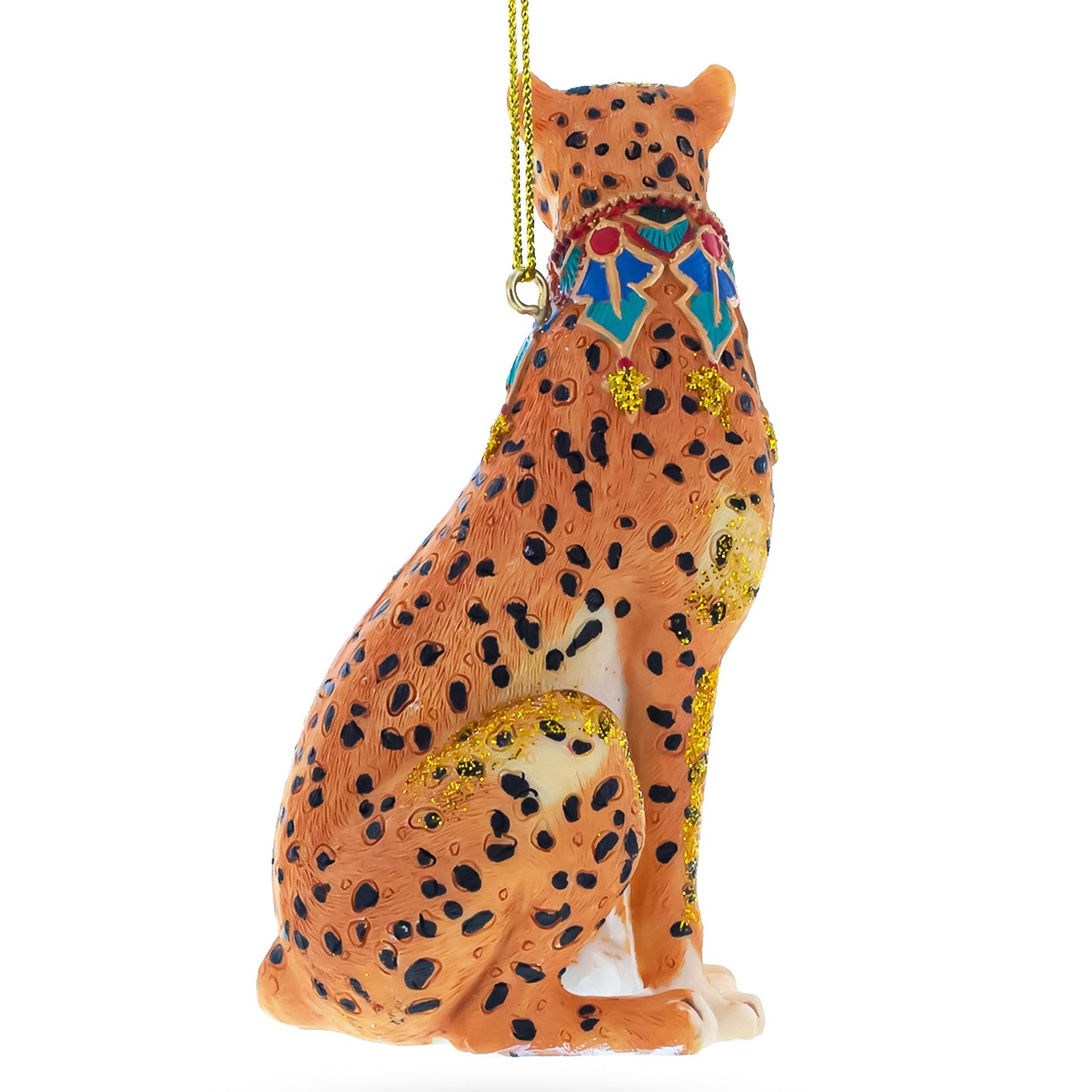 Decorative cheetah ornament with colorful patterns on a white background
