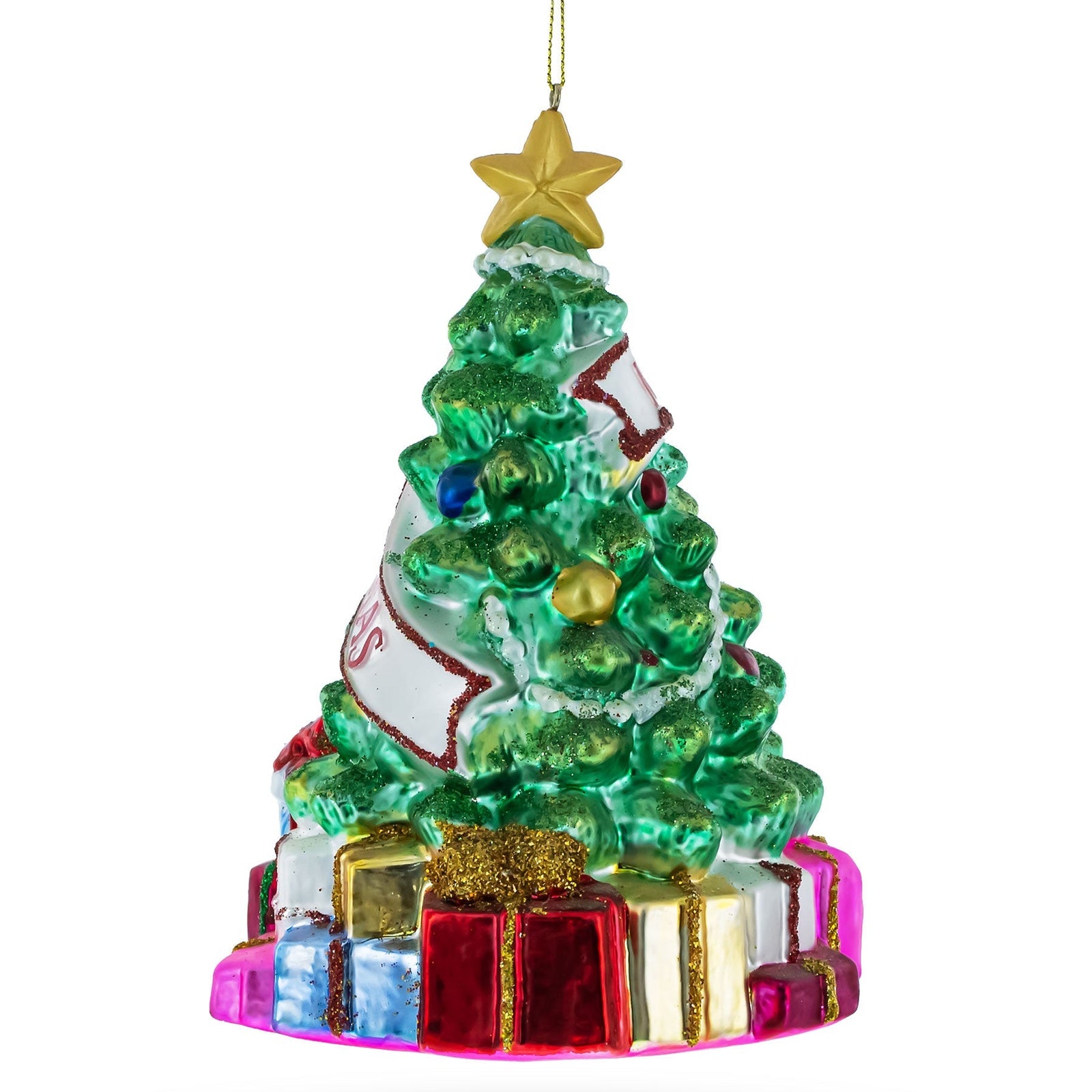 Decorative Christmas tree ornament with presents and a star on a white background