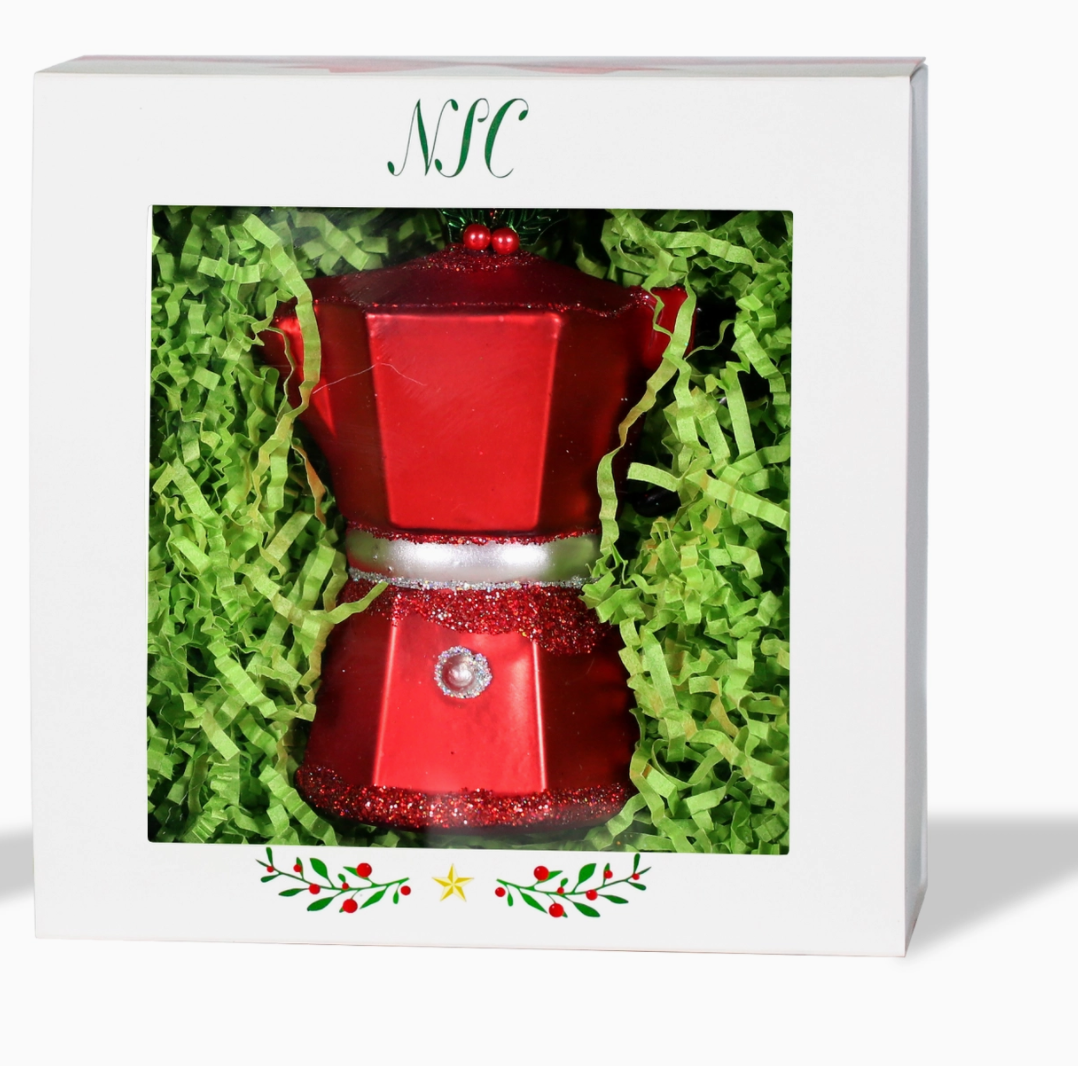 The Canton Christmas Shop Espresso Maker Glass Ornament in a box