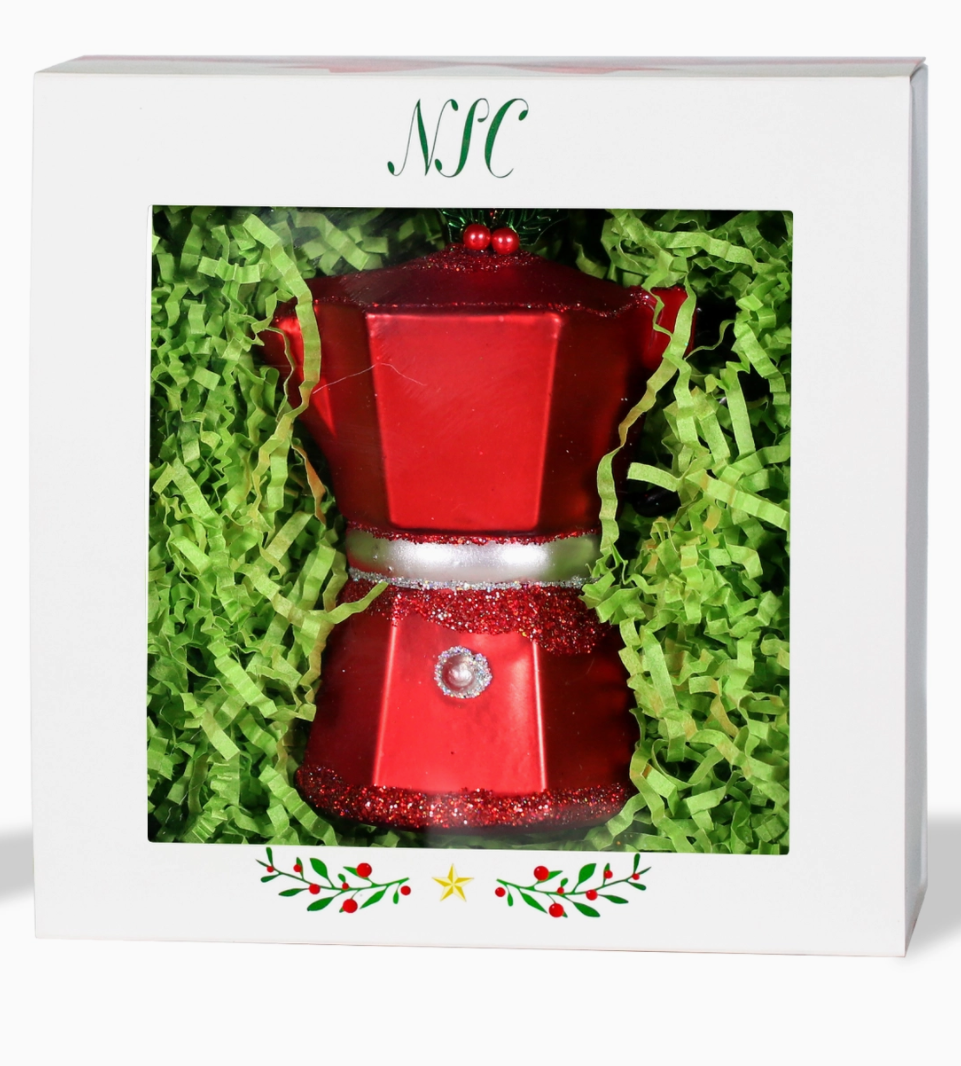 Christmas Cheer All Year Red Espresso Maker Glass Ornament in a box