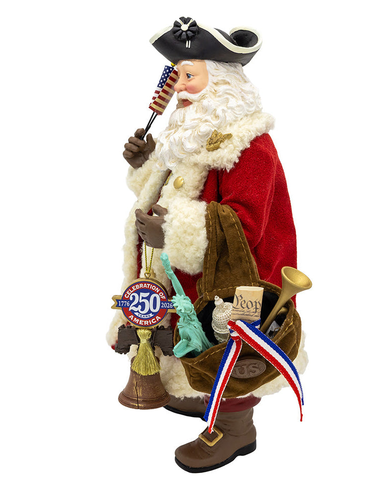 Christmas Cheer All Year Santa Claus figure with American flag 250th America Anniversary Statue of Liberty and Independence Day accessories