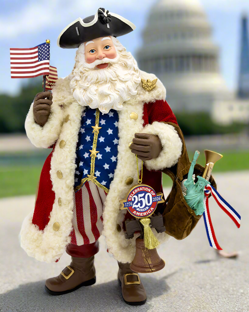 Christmas Cheer All Year Santa Claus figure with American flag 250th America Anniversary Statue of Liberty and Independence Day accessories