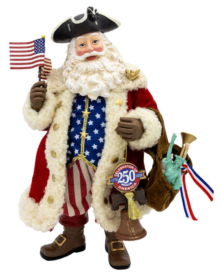 Christmas Cheer All Year Santa Claus figure with American flag 250th America Anniversary Statue of Liberty and Independence Day accessories on a white background