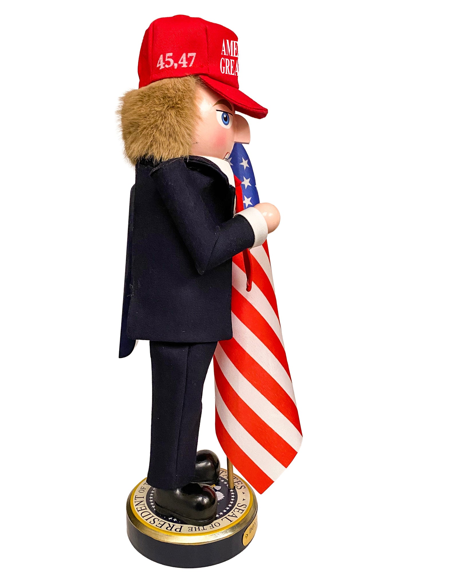 Christmas Cheer All Year Donald J. Trump Presidential Nutcracker Make America Great Again Red Baseball Cap Navy Suit American Flag on Pedestal by Kurt Adler G5013